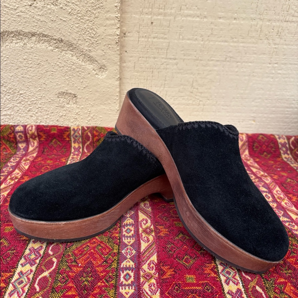 Black Suede Wooden Tom’s Clogs